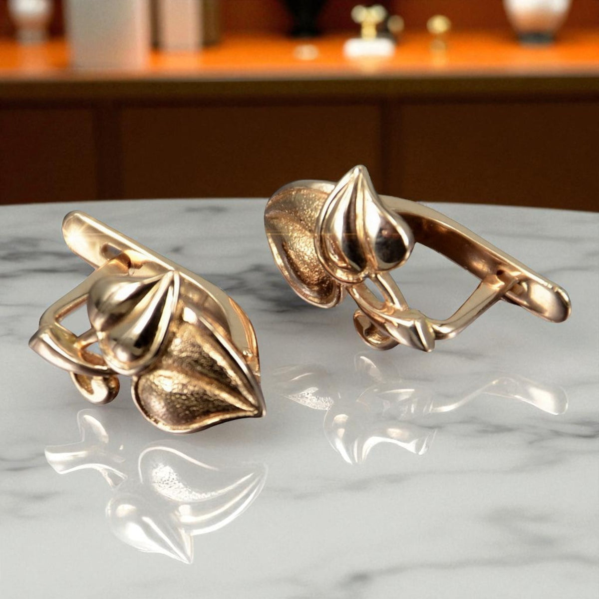 Vintage Leaf Earrings in 14K Rose Gold (ven142)