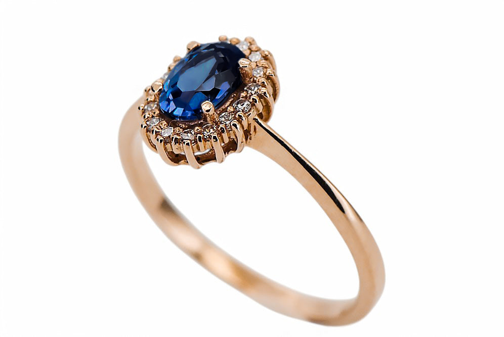 Vintage Sapphire Ring in 14K Rose Gold (crc009r-sp) — worn on the neckline, showing the drape