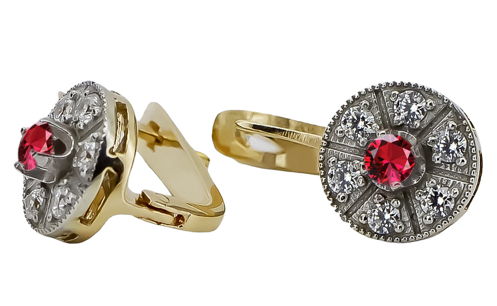 Vintage Ruby Earrings in 14K Yellow & White Gold (vec161yw-rb) — close-up of the stone and setting
