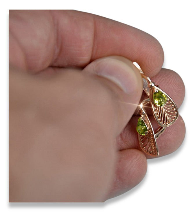 Vintage Yellow Peridot Earrings in 14K Rose Gold (vec067r-yp) — worn on the neckline, showing the drape