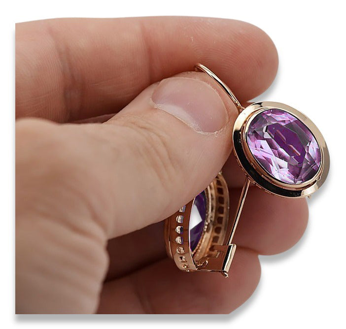 Vintage Amethyst Earrings in 14K Rose Gold (vec114r-am) — close-up of the stone and setting