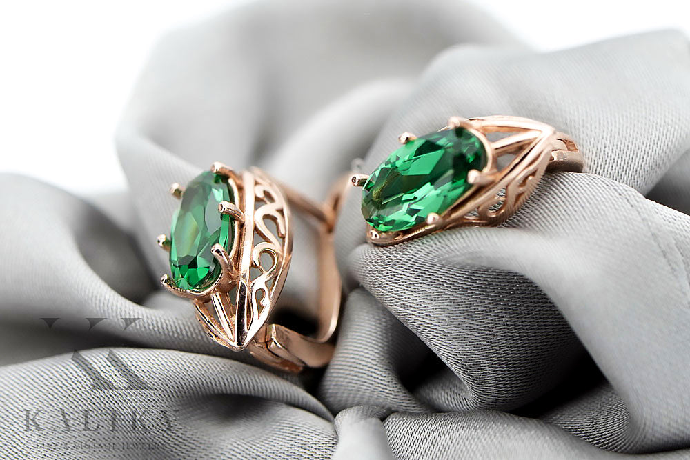 Vintage Emerald Oval Earrings in 14K Rose Gold (vec141r-em) — back view with the clasp