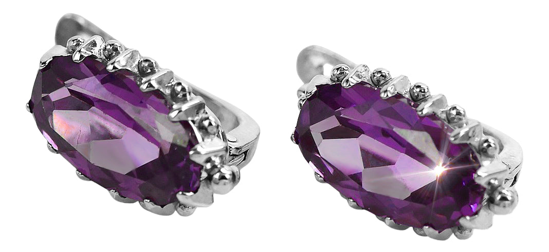 Vintage Amethyst Earrings in Sterling Silver (vec174s-am) — close-up of the stone and setting