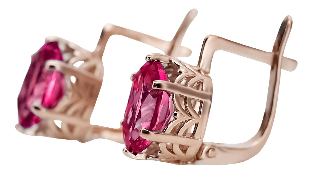 Vintage Ruby Earrings in 14K Rose Gold (vec003r-rb) — angled view catching the light