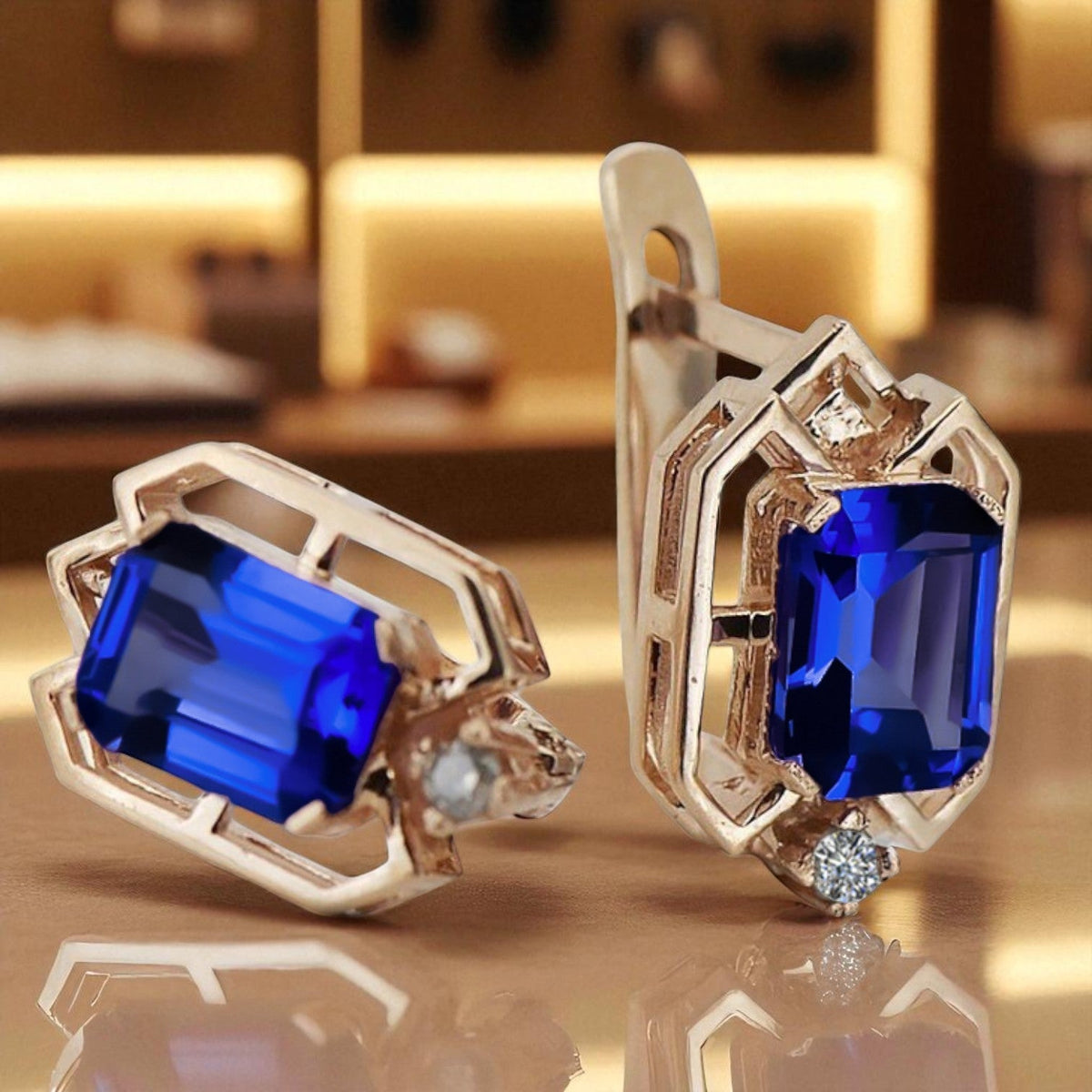 Vintage Sapphire Diamonds Craft Earrings in 14K Rose Gold (vec020r-sp)