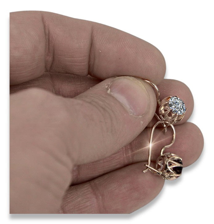 Vintage Zircon Earrings in 14K Rose Gold (vec062r-zi) — worn on the neckline, showing the drape