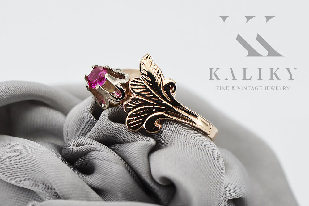 Vintage Ruby Ring in 14K Rose Gold (vrc169r-rb) — worn on the neckline, showing the drape