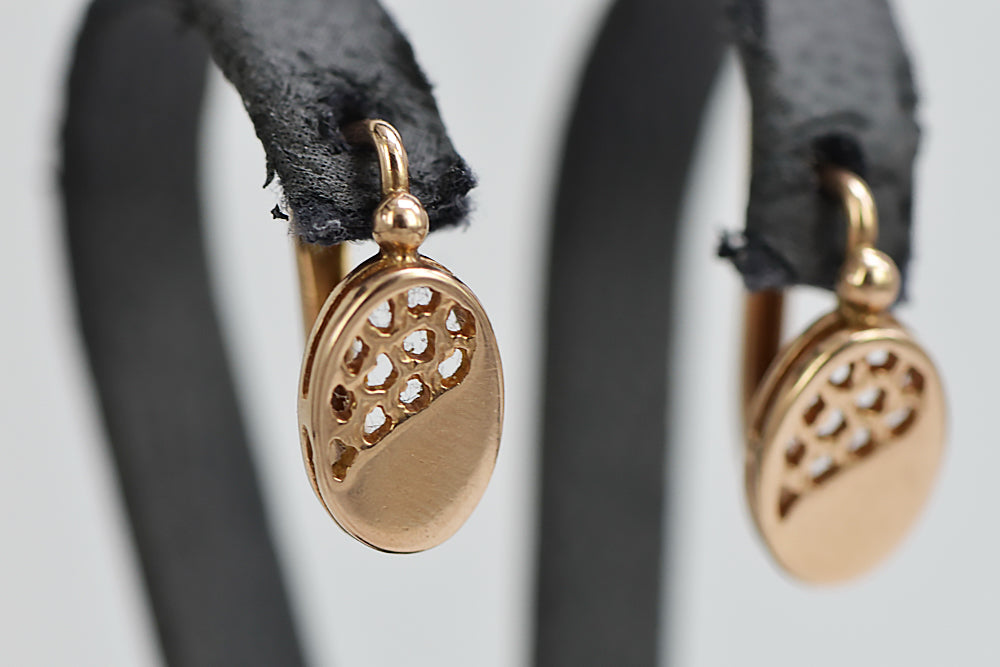 Vintage Oval Earrings in 14K Rose Gold (ven123) — close-up of the hallmark on the inner band