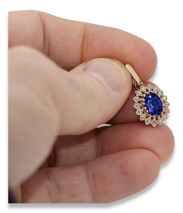Vintage Sapphire Pendant in 14K Rose Gold (vpc018r-sp) — worn on the hand, showing profile