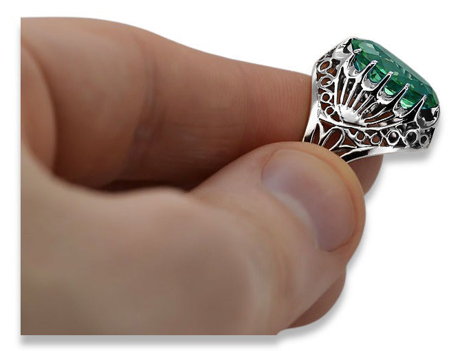 Vintage Emerald Ring in Sterling Silver (vrc020s-em) — worn on the neckline, showing the drape