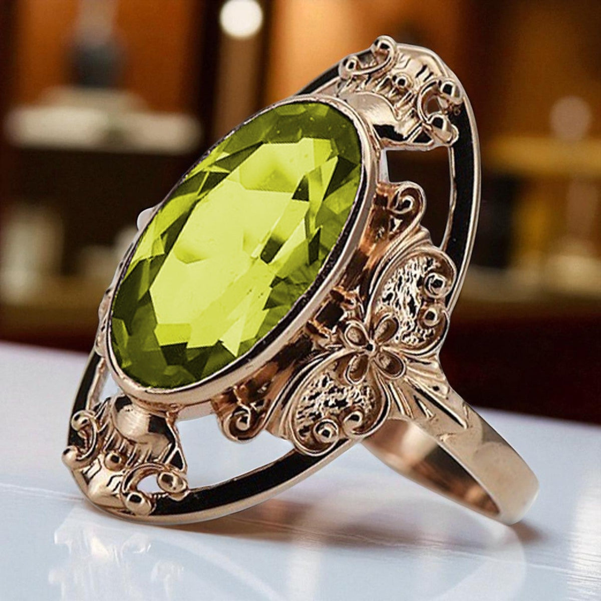 Vintage Yellow Peridot Ring in 14K Rose Gold (vrc014r-yp)