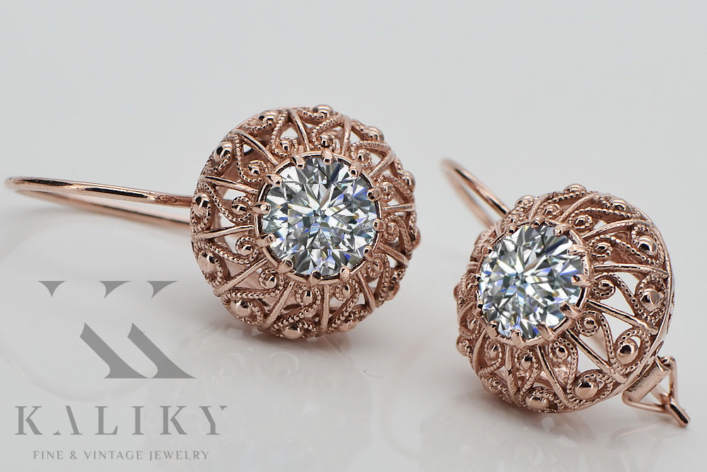 Vintage Zircon Zorcon Earrings in 14K Rose Gold (vec002r-zi) — side view showing the setting