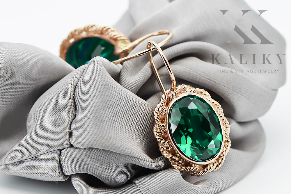 Vintage Emerald Craft Earrings in 14K Rose Gold (vec007r-em) — close-up of the hallmark on the inner band
