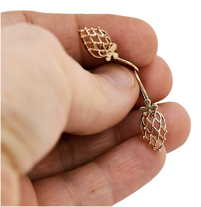 Vintage Leaf Earrings in 14K Rose Gold (ven014) — close-up of the hallmark on the inner band