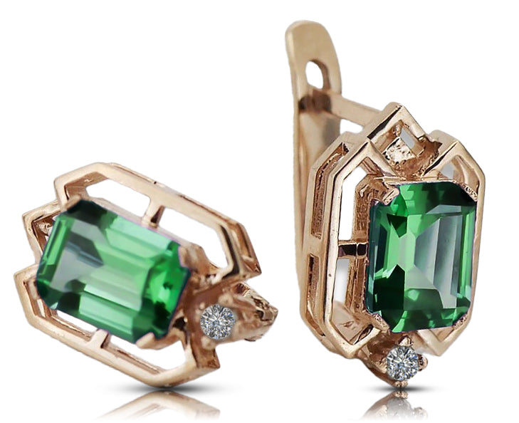 Vintage Emerald Diamonds Craft Earrings in 14K Rose Gold (vec020r-em) — worn on the hand, showing profile