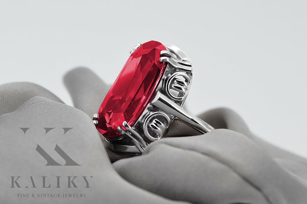 Vintage Ruby Ring in Sterling Silver (vrc038s-rb) — worn on the neckline, showing the drape