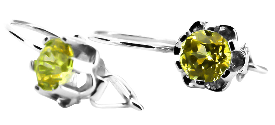 Vintage Yellow Peridot Earrings in Sterling Silver (vec019s-yp) — close-up of the stone and setting