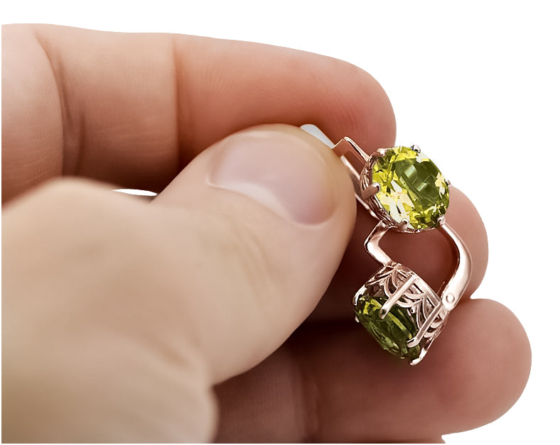 Vintage Yellow Peridot Earrings in 14K Rose Gold (vec003r-yp) — worn on the hand, showing profile