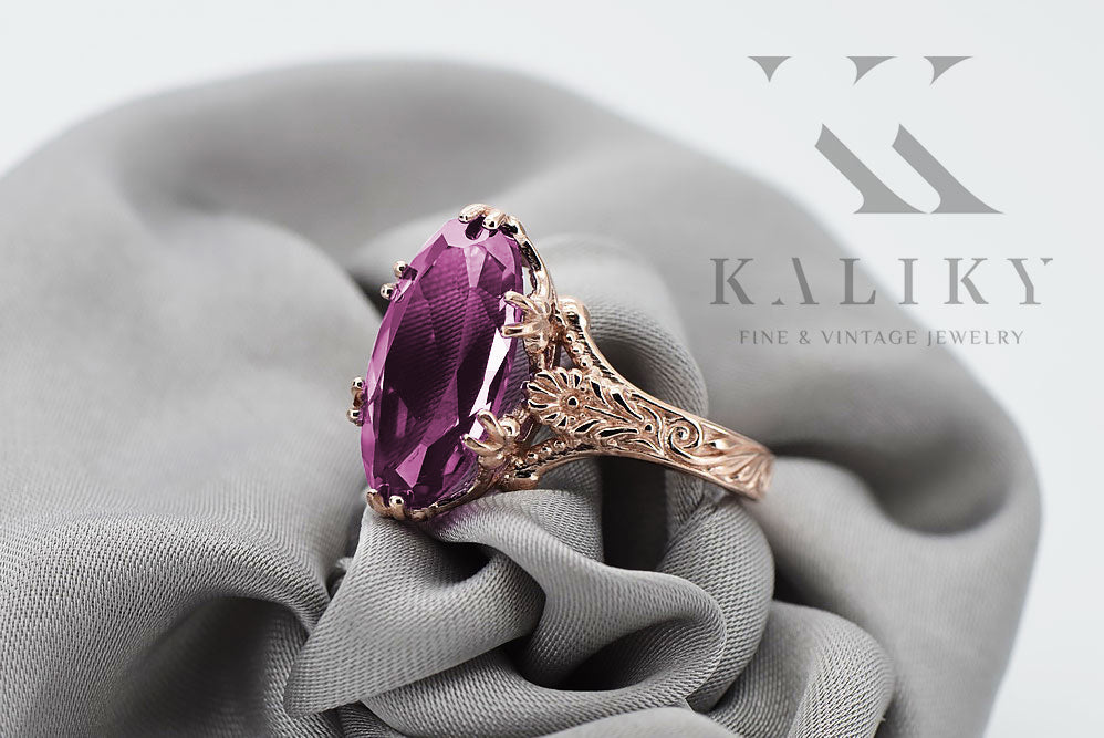 Vintage Amethyst Ring in 14K Rose Gold (vrc084r-am) — worn on the neckline, showing the drape