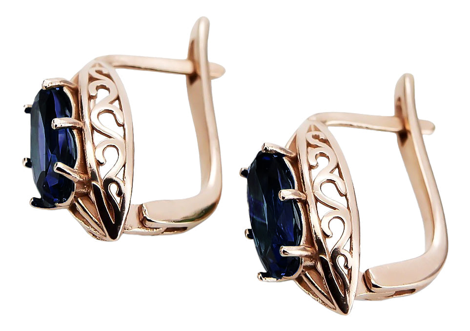 Vintage Sapphire Earrings in 14K Rose Gold (vec141r-sp) — close-up of the stone and setting