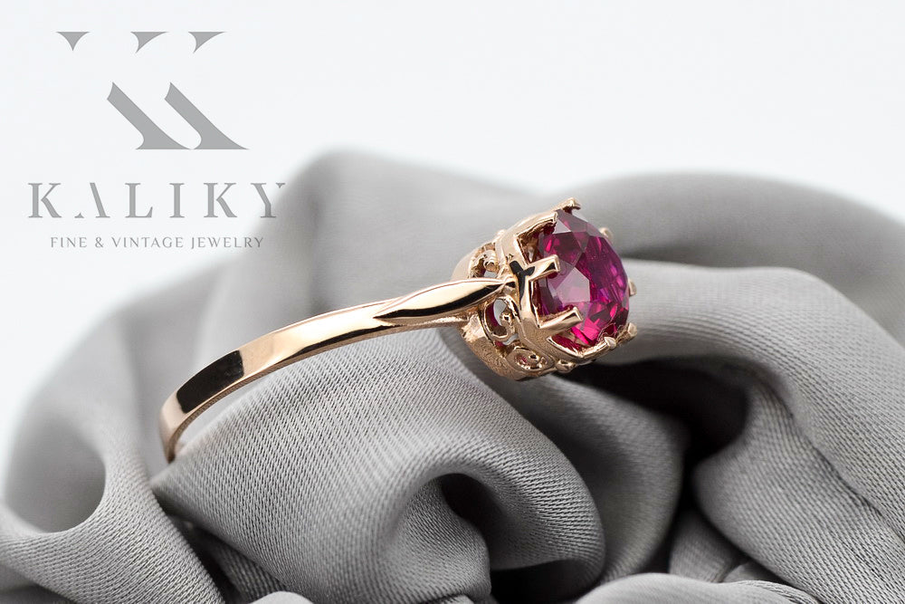 Vintage Ruby Ring in 14K Rose Gold (vrc366r-rb) — worn on the hand, showing profile