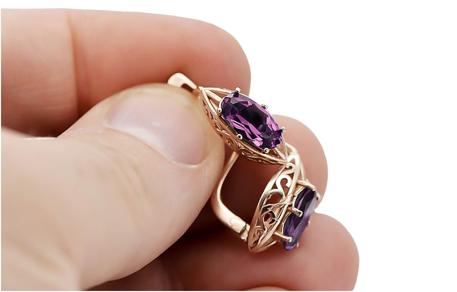 Vintage Amethyst Earrings in 14K Rose Gold (vec141r-am) — worn on the hand, showing profile