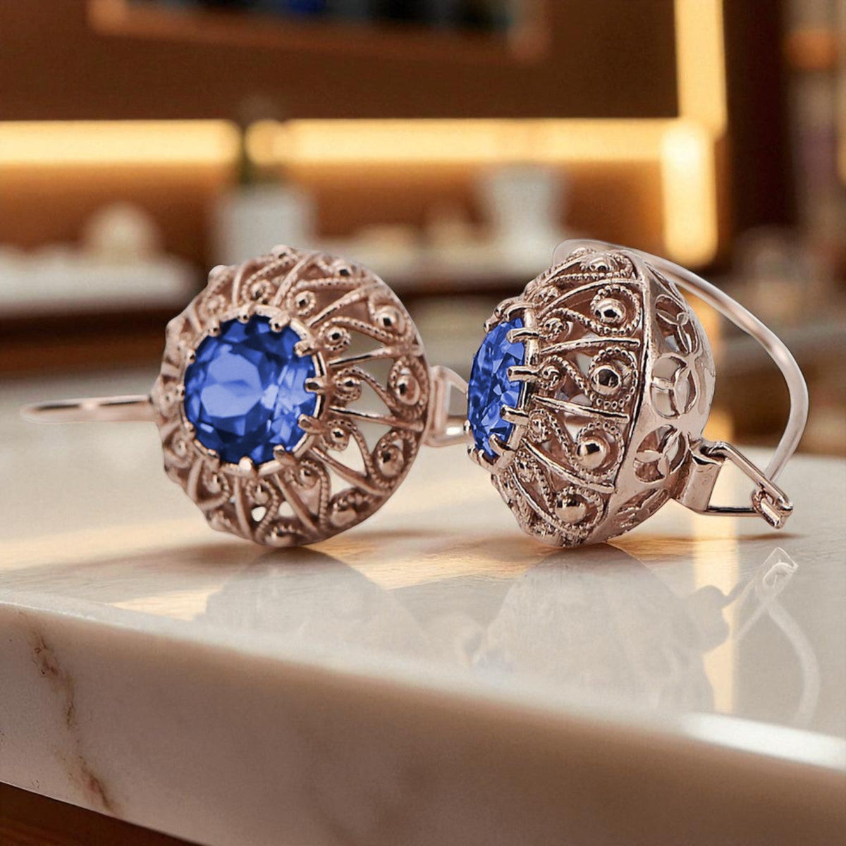 Vintage Sapphire Earrings in 14K Rose Gold (vec002r-sp)