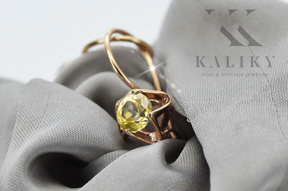 Vintage Yellow Peridot Earrings in 14K Rose Gold (vec142r-yp) — worn on the hand, showing profile