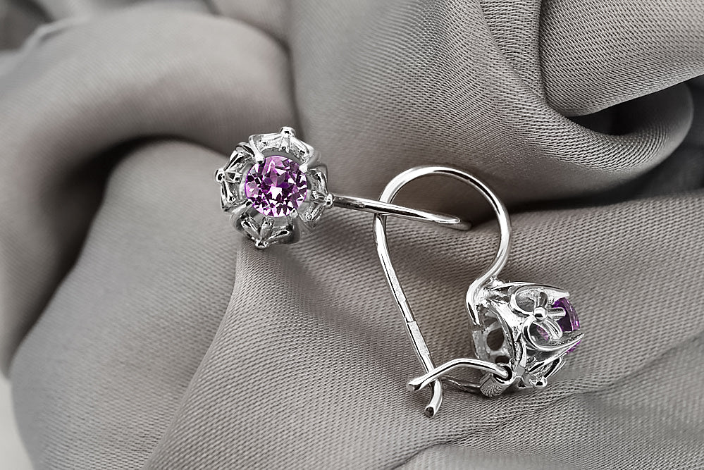 Vintage Amethyst Earrings in Sterling Silver (vec145s-am) — close-up of the stone and setting