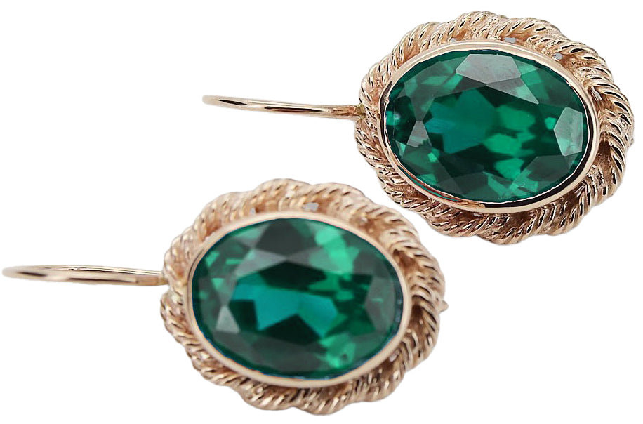 Vintage Emerald Craft Earrings in 14K Rose Gold (vec007r-em) — worn on the neckline, showing the drape