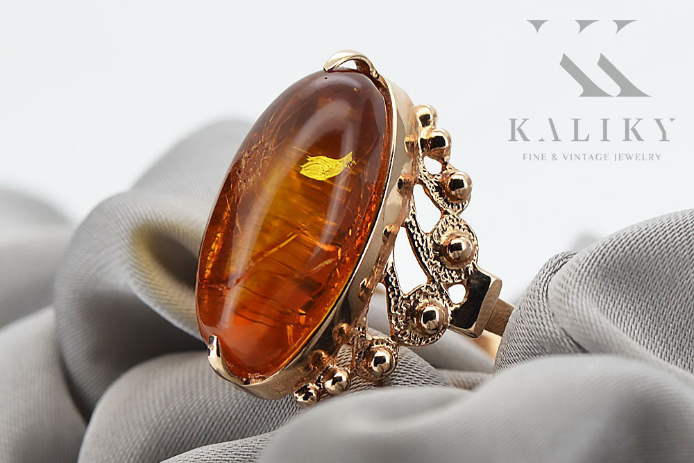 Vintage Amber Ring in 14K Rose Gold (vrab037) — close-up of the hallmark on the inner band