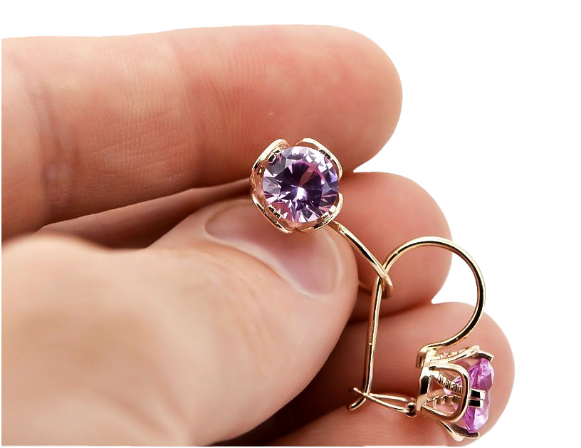 Vintage Amethyst Earrings in 14K Rose Gold (vec029r-am) — worn on the neckline, showing the drape