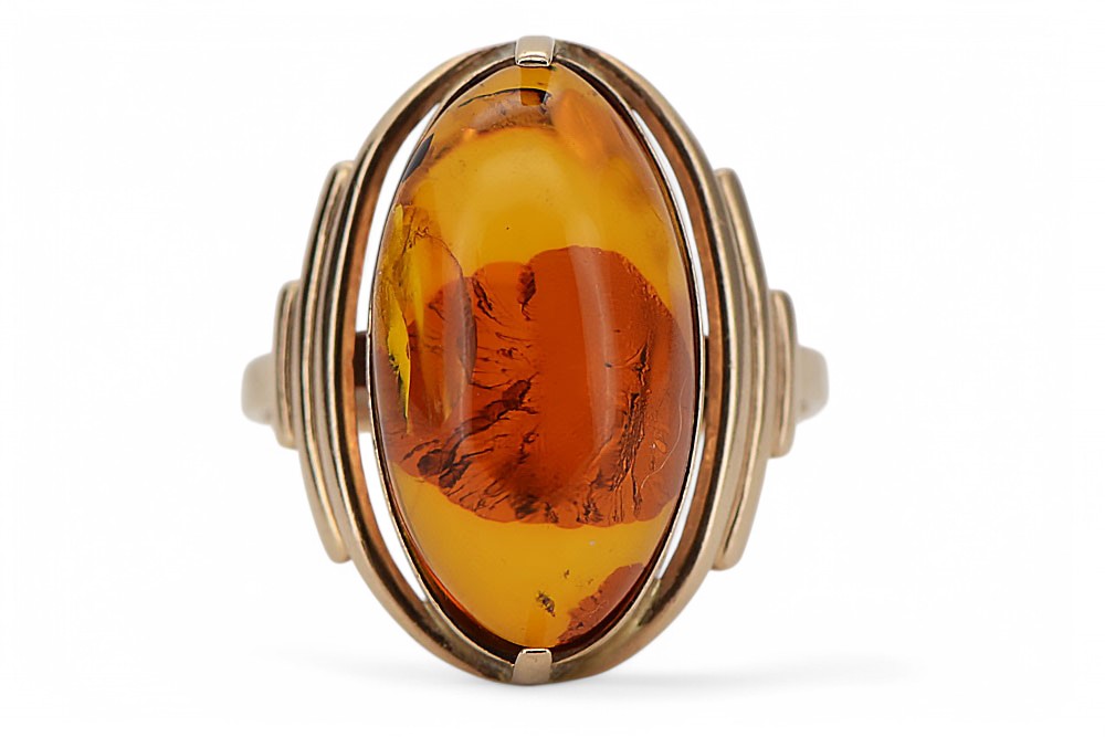 Vintage Amber Ring in 14K Rose Gold (vrab045) — close-up of the hallmark on the inner band