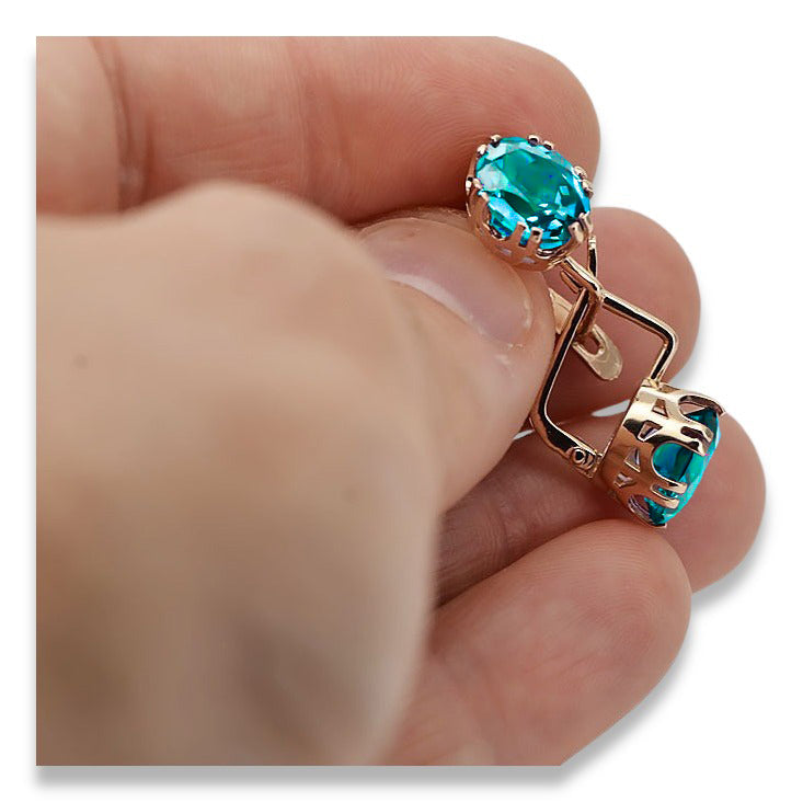 Vintage Aquamarine Earrings in 14K Rose Gold (vec016r-aq) — worn on the hand, showing profile