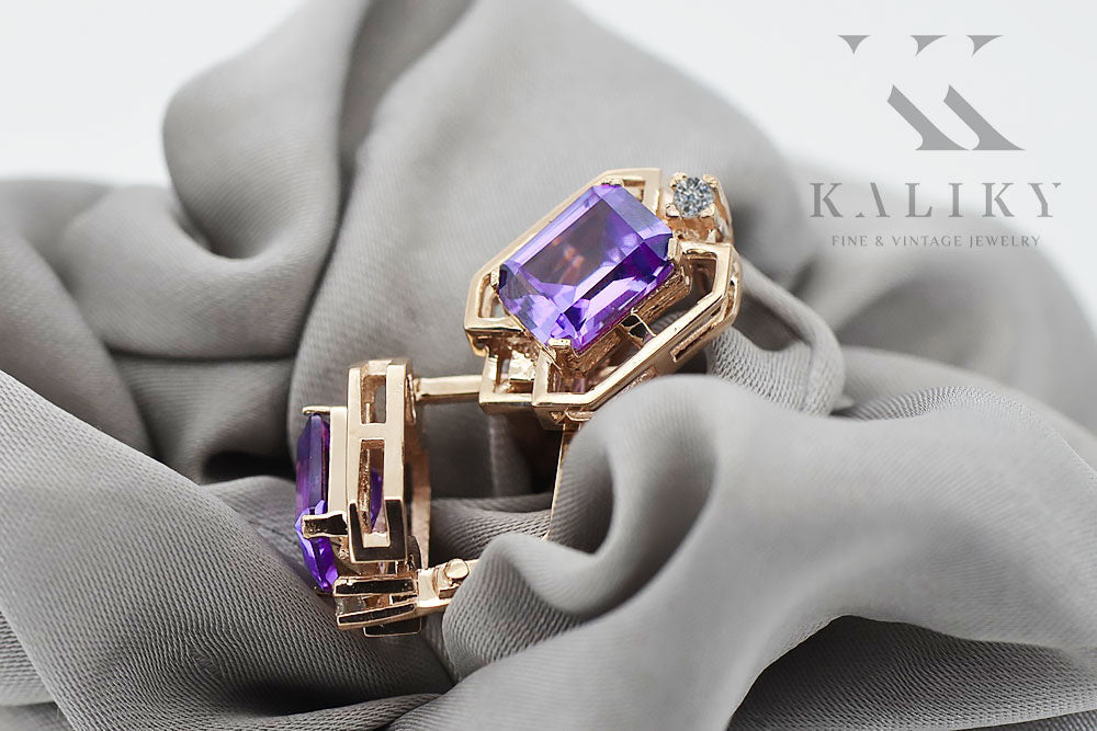 Vintage Alexandrite Diamond Earrings in 14K Rose Gold (vec020r-ax) — close-up of the hallmark on the inner band