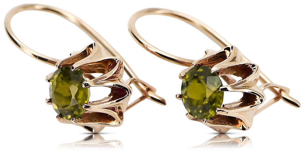 Vintage Yellow Peridot Earrings in 14K Rose Gold (vec092r-yp) — worn on the neckline, showing the drape