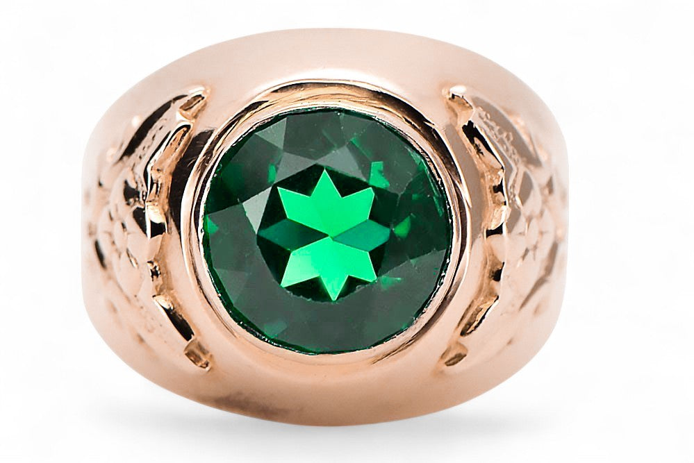 Vintage Emerald Craft Ring in 14K Rose Gold (vrc078r-em) — close-up of the hallmark on the inner band