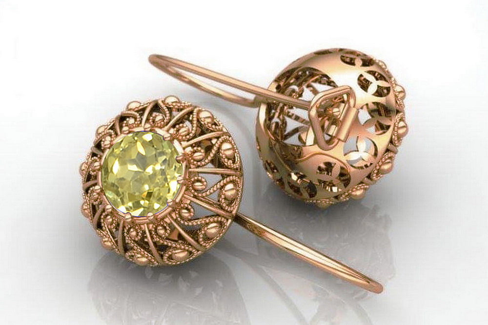 Vintage Yellow Peridot Earrings in 14K Rose Gold (vec002r-yp) — detail of the metal texture