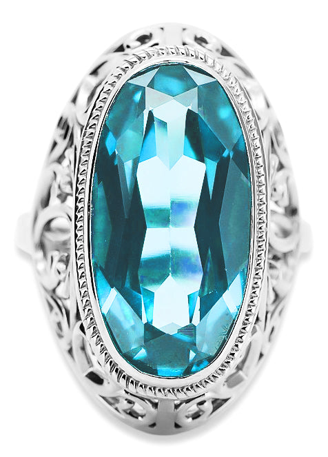 Vintage Aquamarine Ring in Sterling Silver (vrc184s-aq) — worn on the neckline, showing the drape