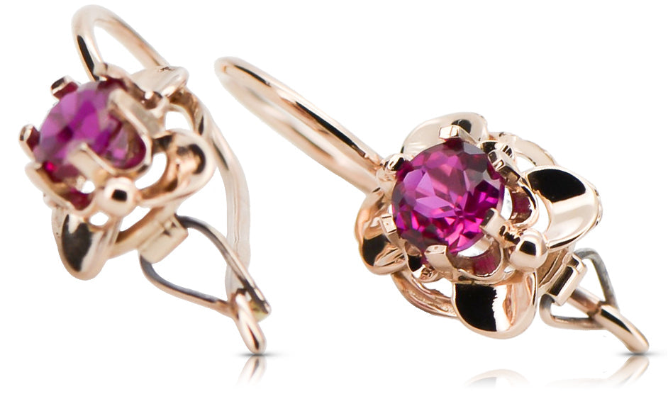Vintage Ruby Earrings in 14K Rose Gold (vec116r-rb) — worn on the neckline, showing the drape