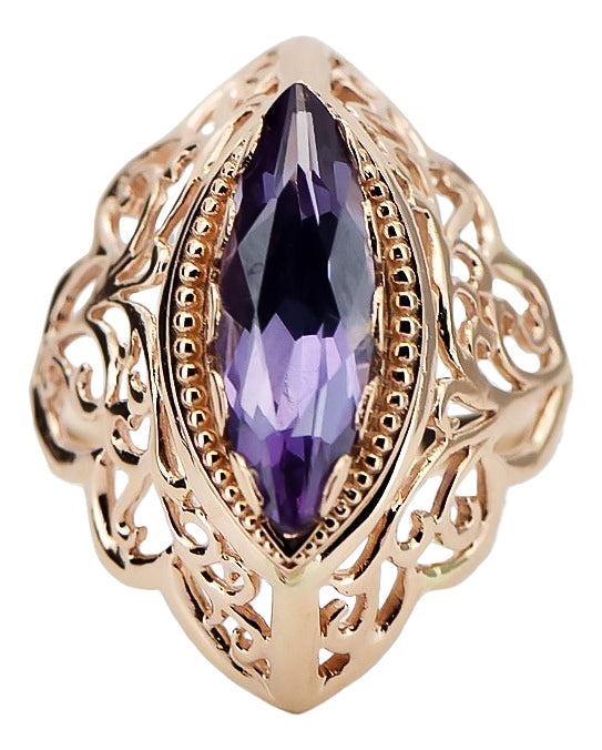Vintage Alexandrite Marquise Ring in 14K Rose Gold (vrc017r-ax) — close-up of the hallmark on the inner band