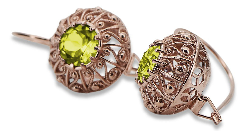 Vintage Yellow Peridot Earrings in 14K Rose Gold (vec002r-yp) — close-up of the stone and setting