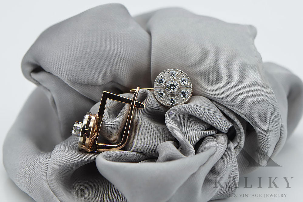 Vintage Zircon Zircone Earrings in 14K Rose & White Gold (vec161rw-zi) — back view with the clasp
