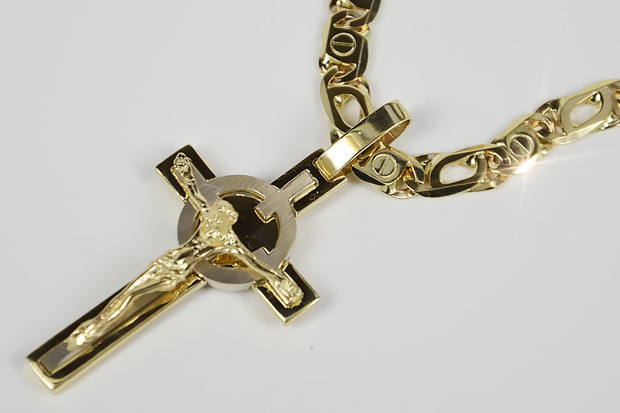 Vintage Catholic Cross Pendant in 14K Yellow & White Gold (ctc031yw) — back view with the clasp