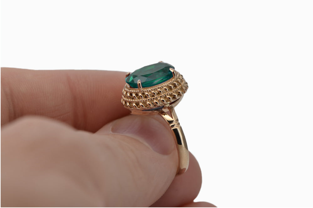 Vintage Emerald Ring in 14K Rose Gold (vrc068r-em) — worn on the hand, showing profile