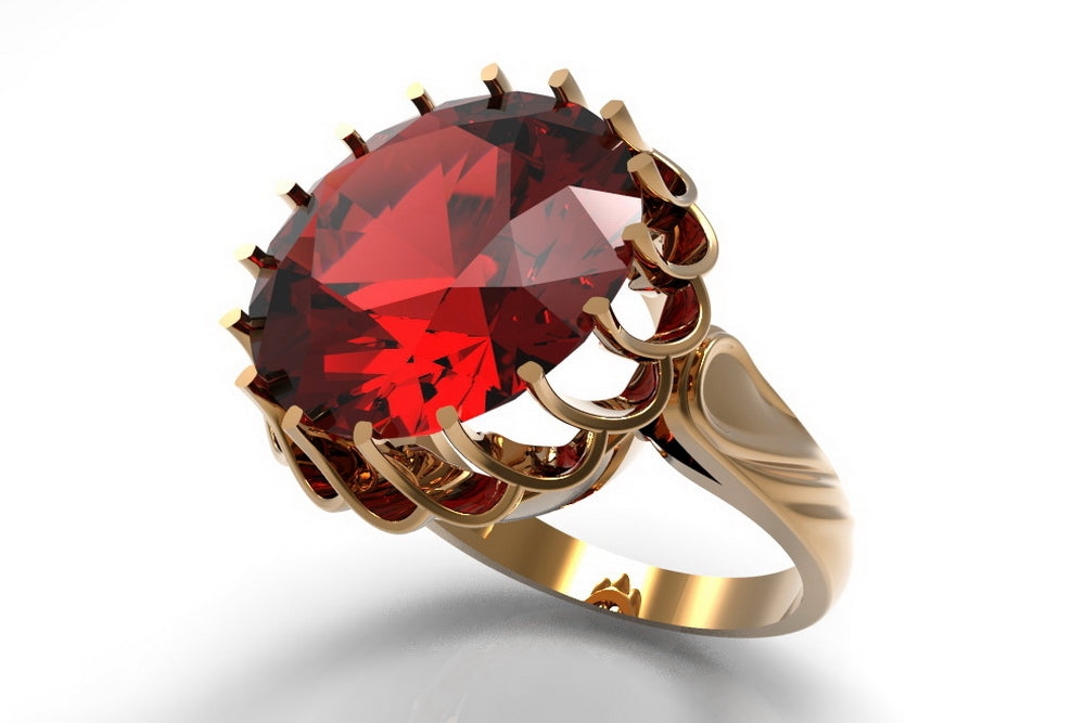 Vintage Ruby Ring in 14K Rose Gold (vrc035r-rb) — worn on the neckline, showing the drape