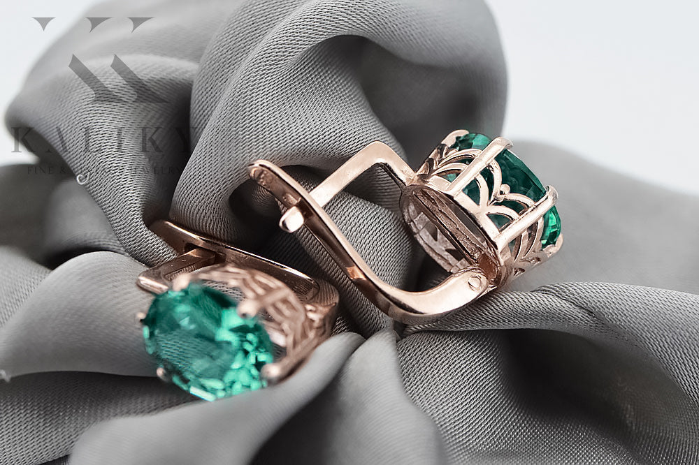 Vintage Emerald Earrings in 14K Rose Gold (vec003r-em) — angled view catching the light