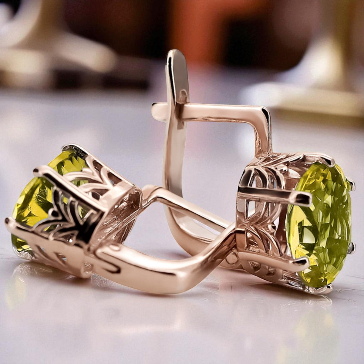 Vintage Yellow Peridot Earrings in 14K Rose Gold (vec003r-yp)