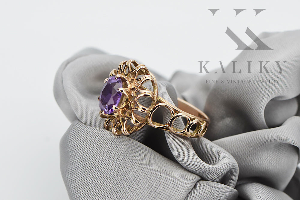Vintage Alexandrite Ruby Emerald Sapphire Zircon Ring in 14K Rose Gold (vrc032r-ax) — angled view catching the light