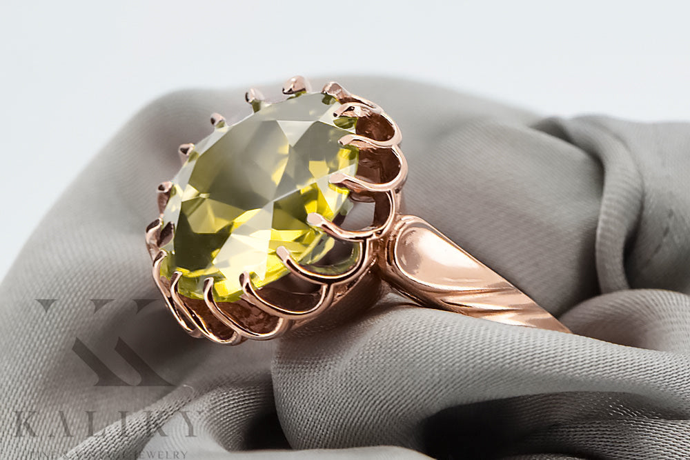 Vintage Yellow Peridot Ring in 14K Rose Gold (vrc035r-yp) — close-up of the hallmark on the inner band